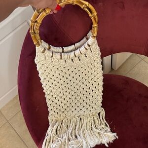 Elegant Cream Crochet Handbag with Bamboo Handle